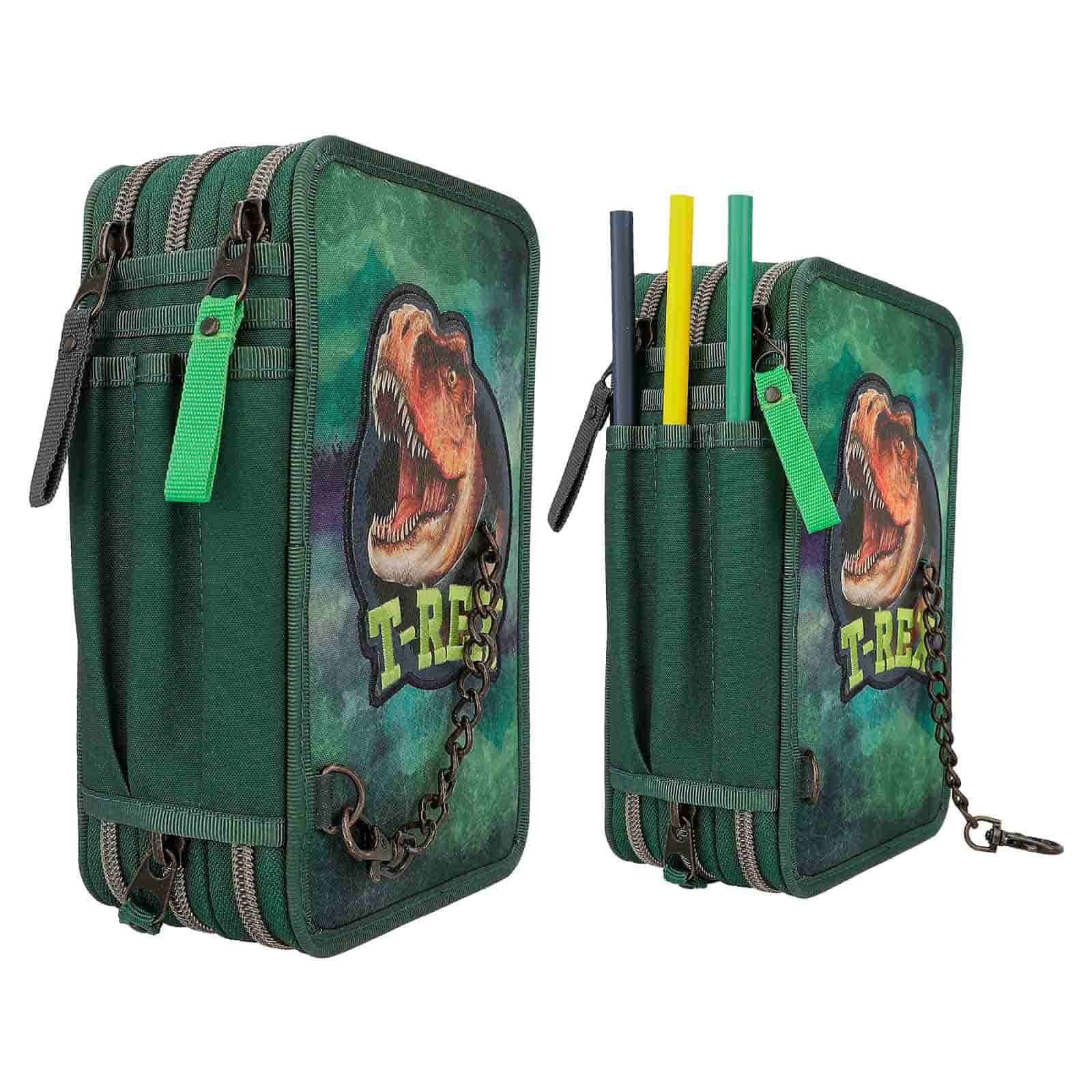 Dino World 3-Fach Federtasche mit Kette T-Rex inkl. Stifte