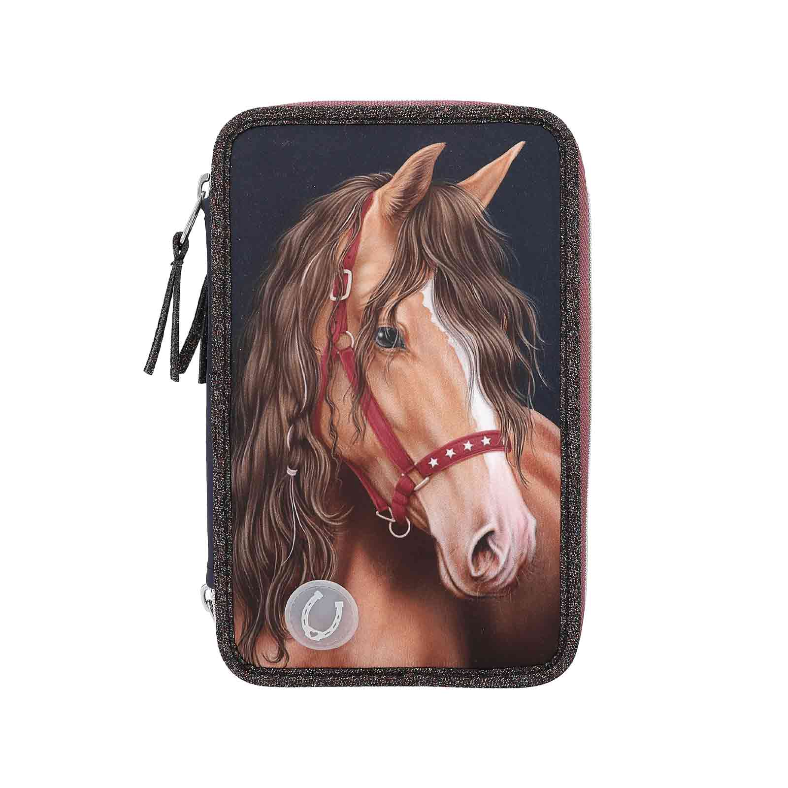 Miss Melody 3-Fach Federtasche LED GLITTER HORSE inkl. Stifte