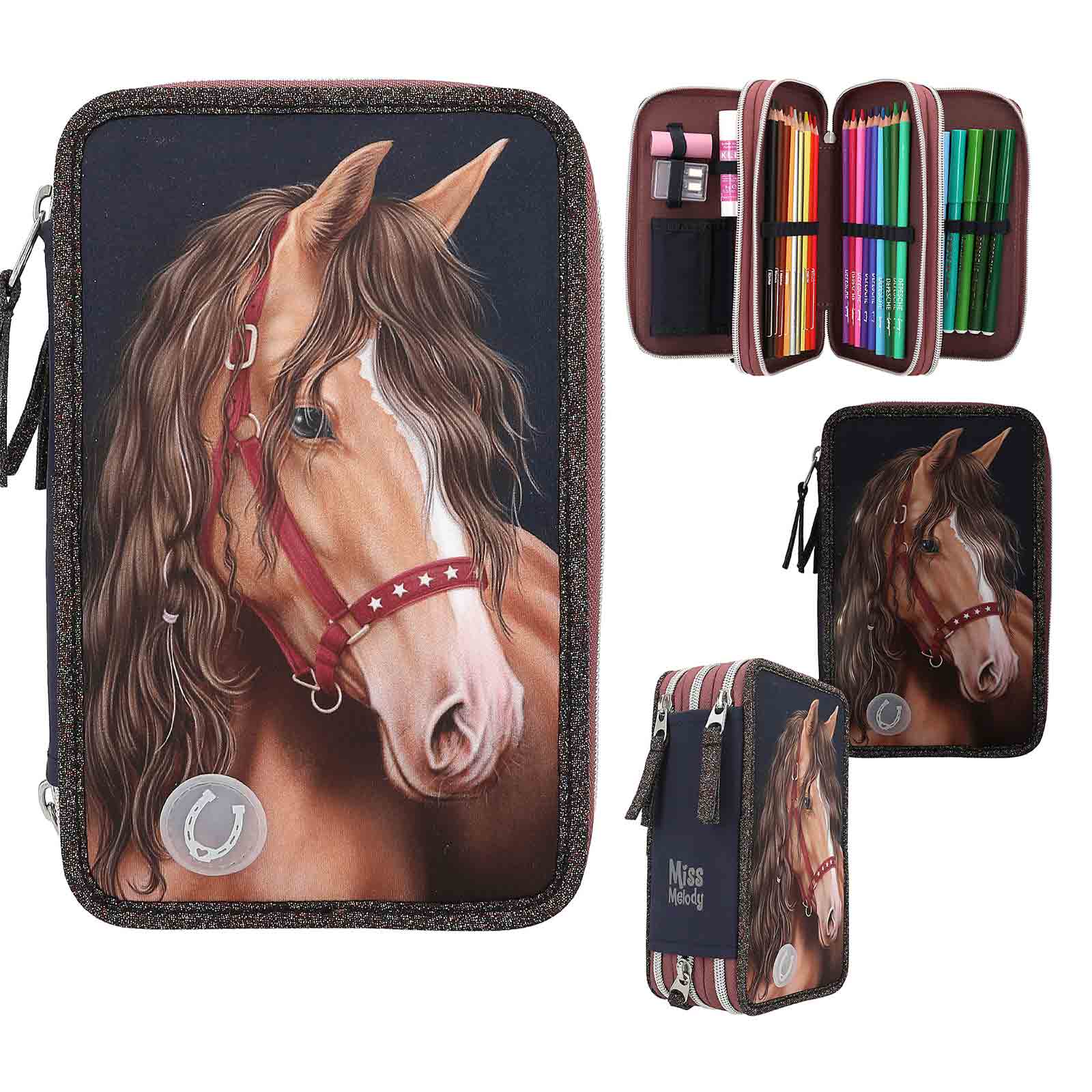 Miss Melody 3-Fach Federtasche LED GLITTER HORSE inkl. Stifte