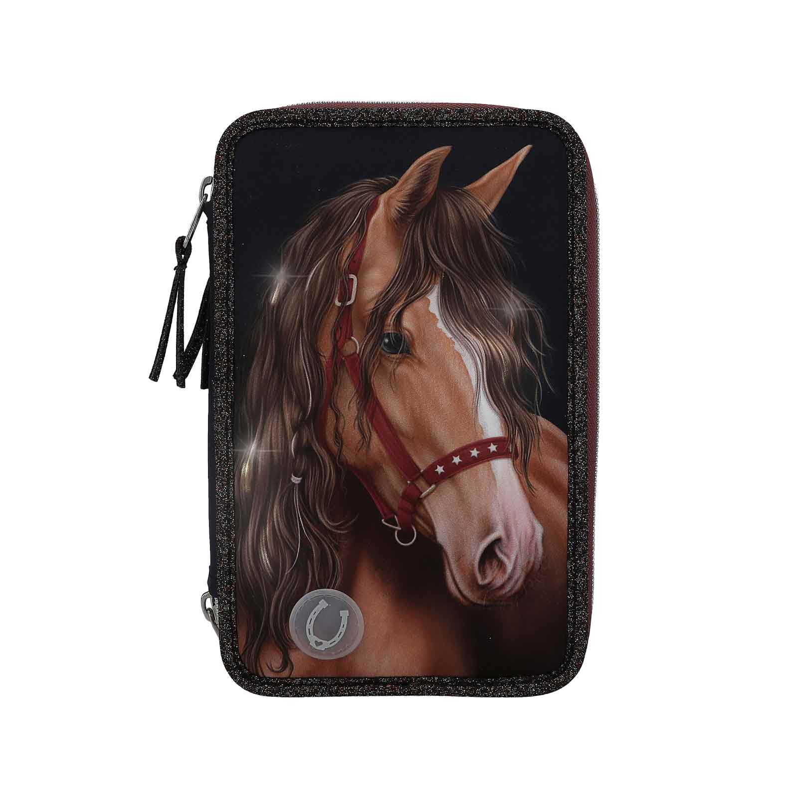 Miss Melody 3-Fach Federtasche LED GLITTER HORSE inkl. Stifte