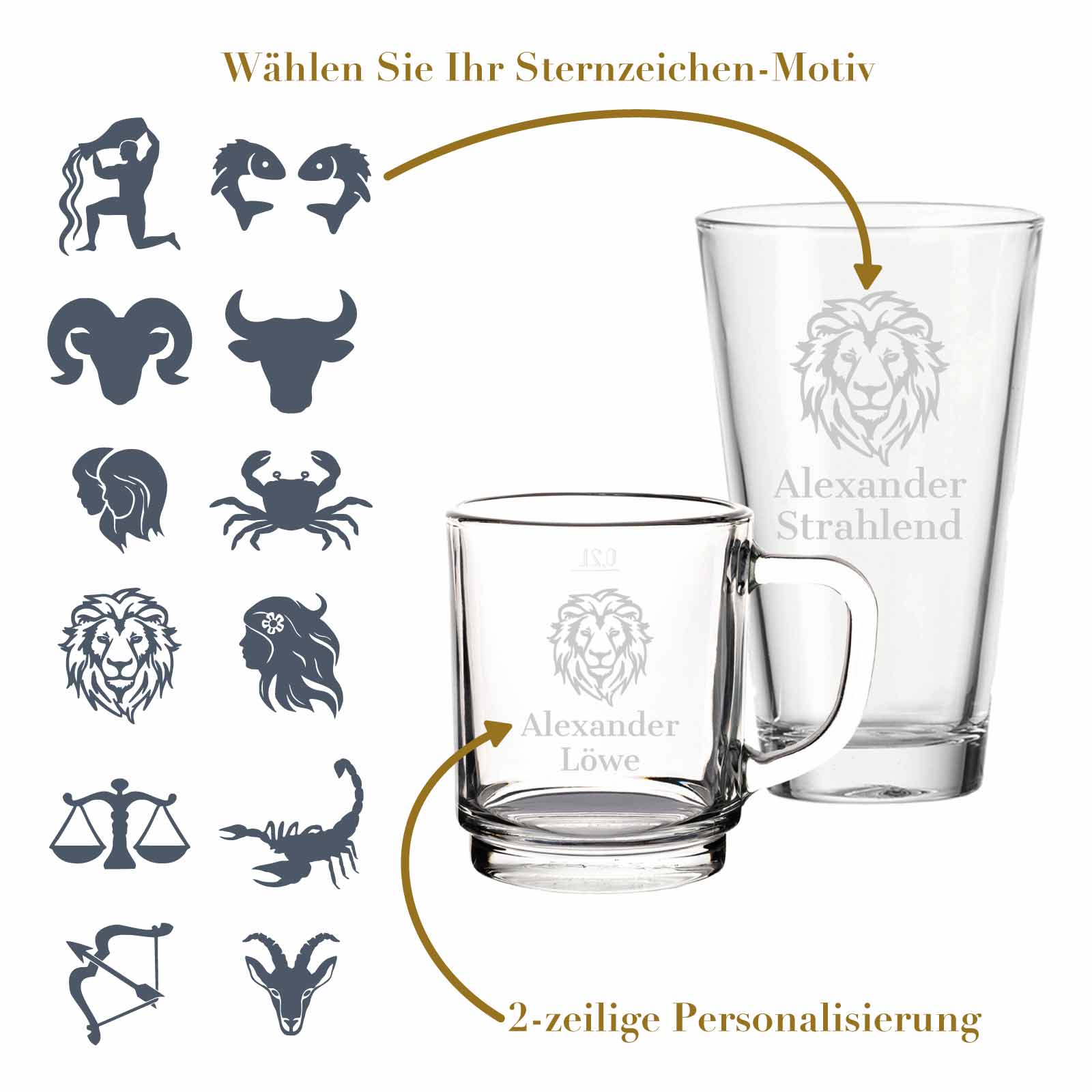 Glastasse & Trinkglas mit Gravur - Sternzeichen + Personalisierung