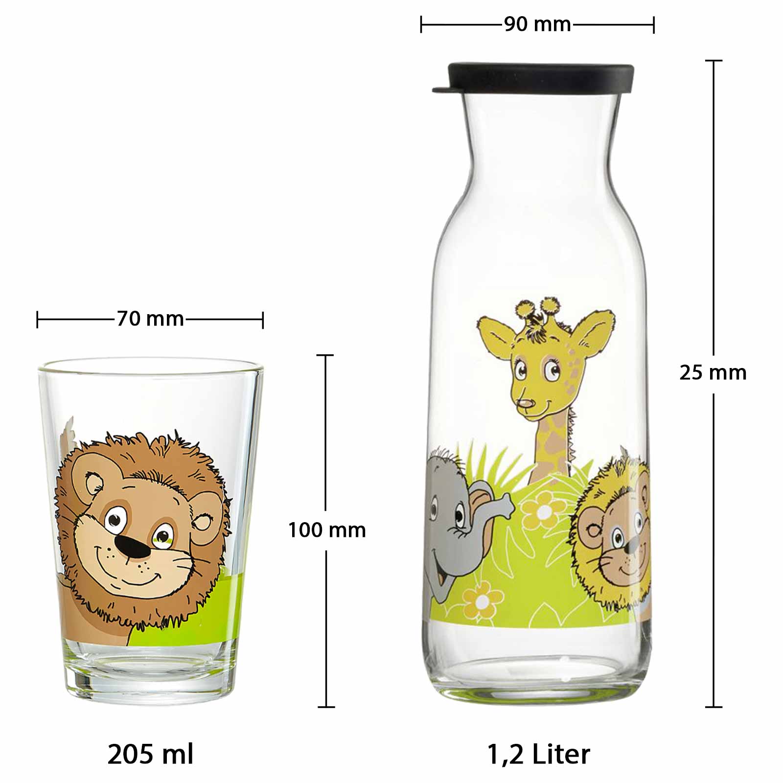 Kinderbecher mit Gravur Dschungeltiere 3er Set + Karaffe